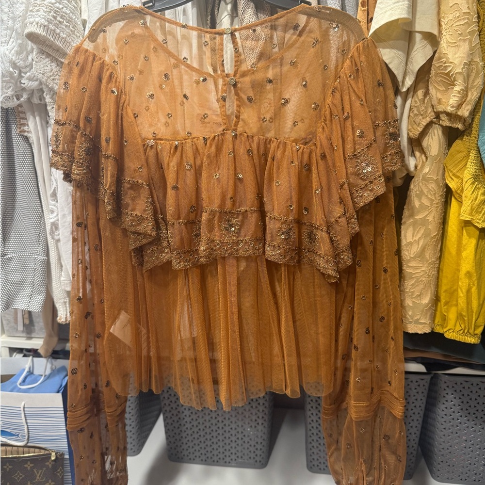 Free People Brown Sheer Ruffled Blouse